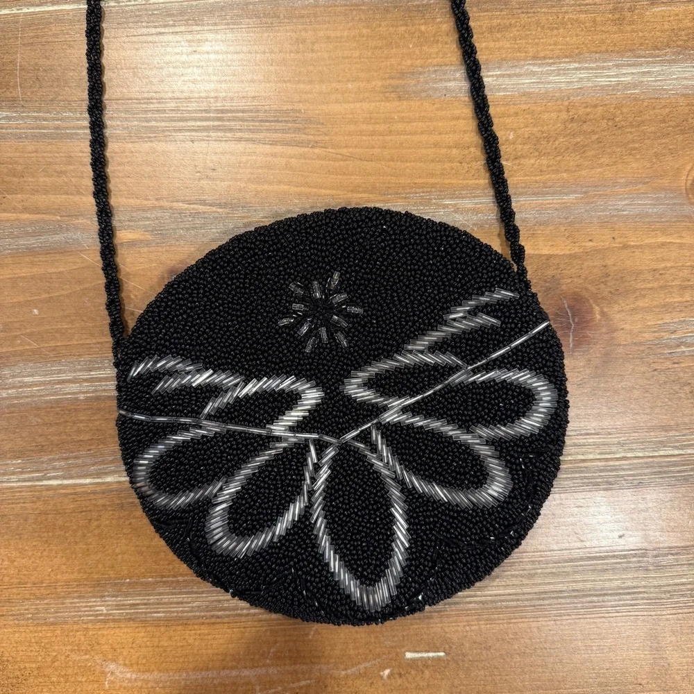 Black Beaded Crossbody Shoulder Bag Small Evening Purse Party Wedding Guest